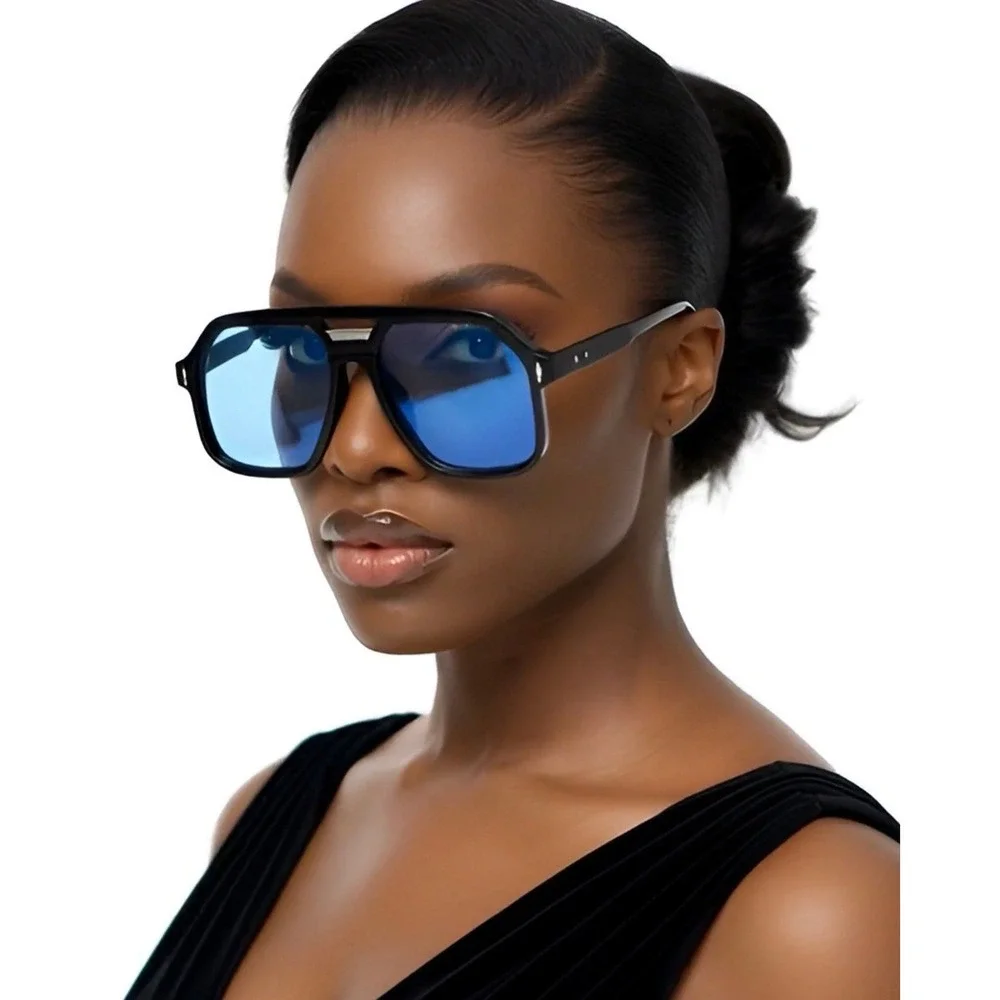 Black Oversize Square Aviator Sunglasses Blue Tinted Lens Flat Top Double Bridge